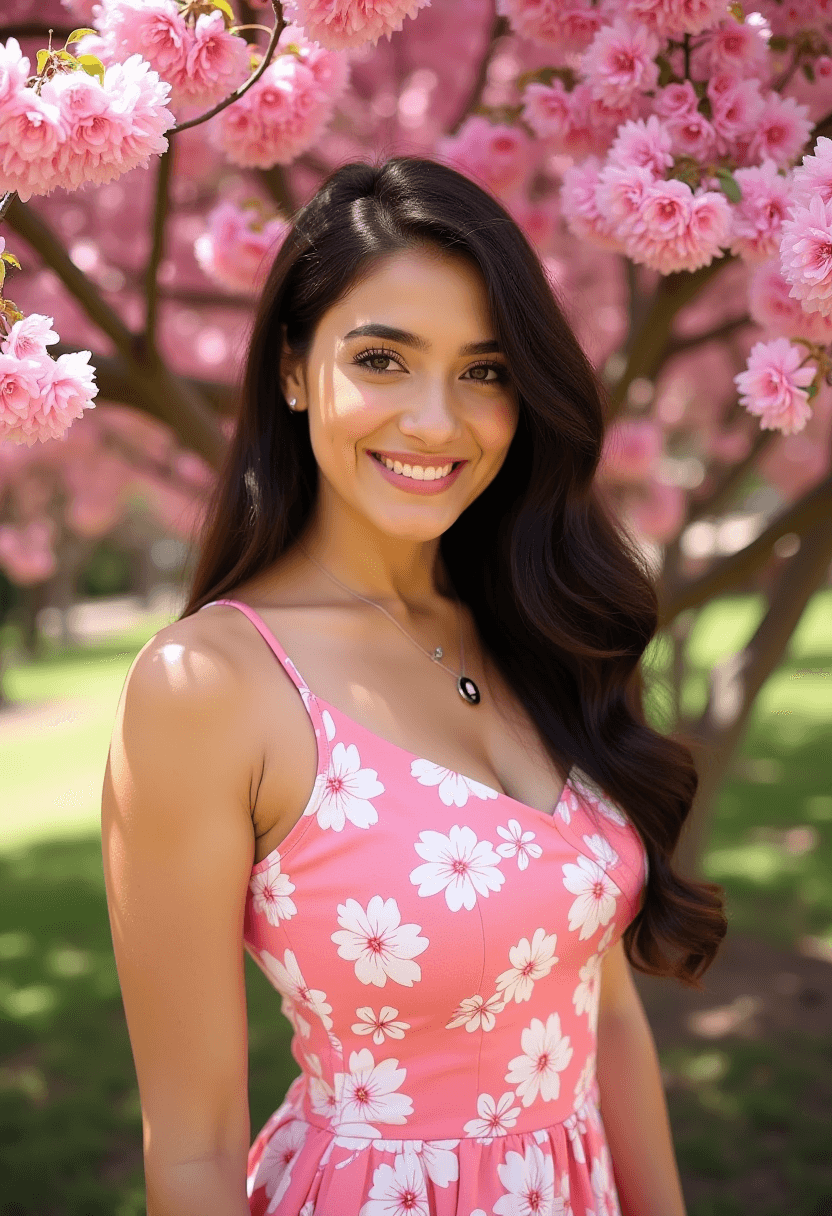 AI generated: A woman with long dark hair is standing in front of a vibrant flowering tree. She is wearing a pink ...