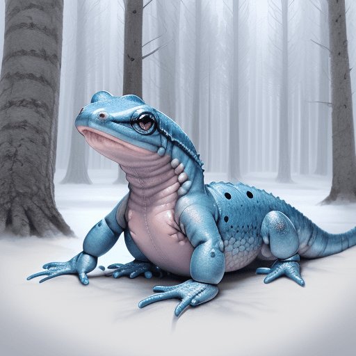 AI generated: blue salamander in sneakers in winter forest, high quality image, 4k, detailed character drawing