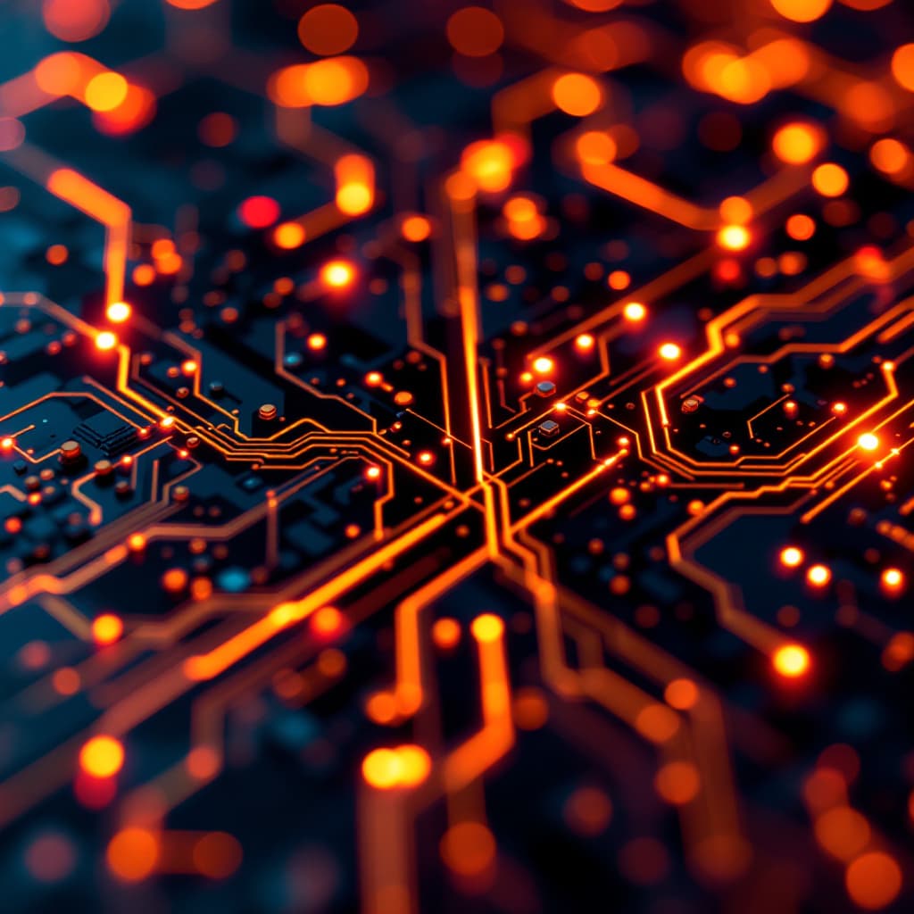 AI generated: 7.	macro close-up of a circuit board with glowing lines and sparks, sci-fi styling --v 7 --style tec...