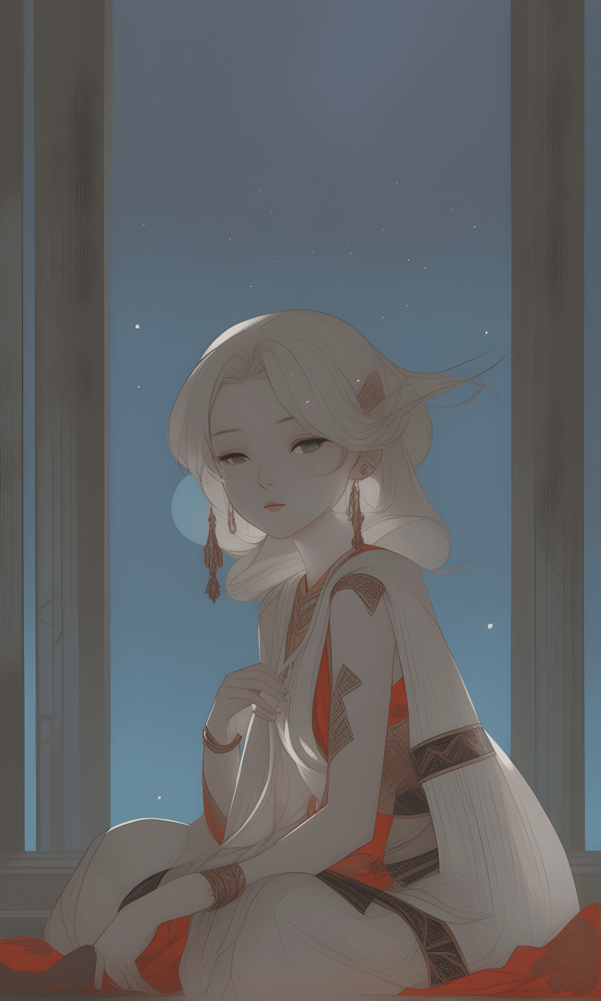 AI generated: a girl sitting on top of a bed next to a window, by Hidari Jingorō, by Zhou Jichang, krenzcushart, b...