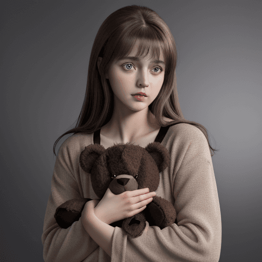 AI generated:  an german girl with big eyes and light brown hair, wearing a pajama, holding her dark brown teddy b...