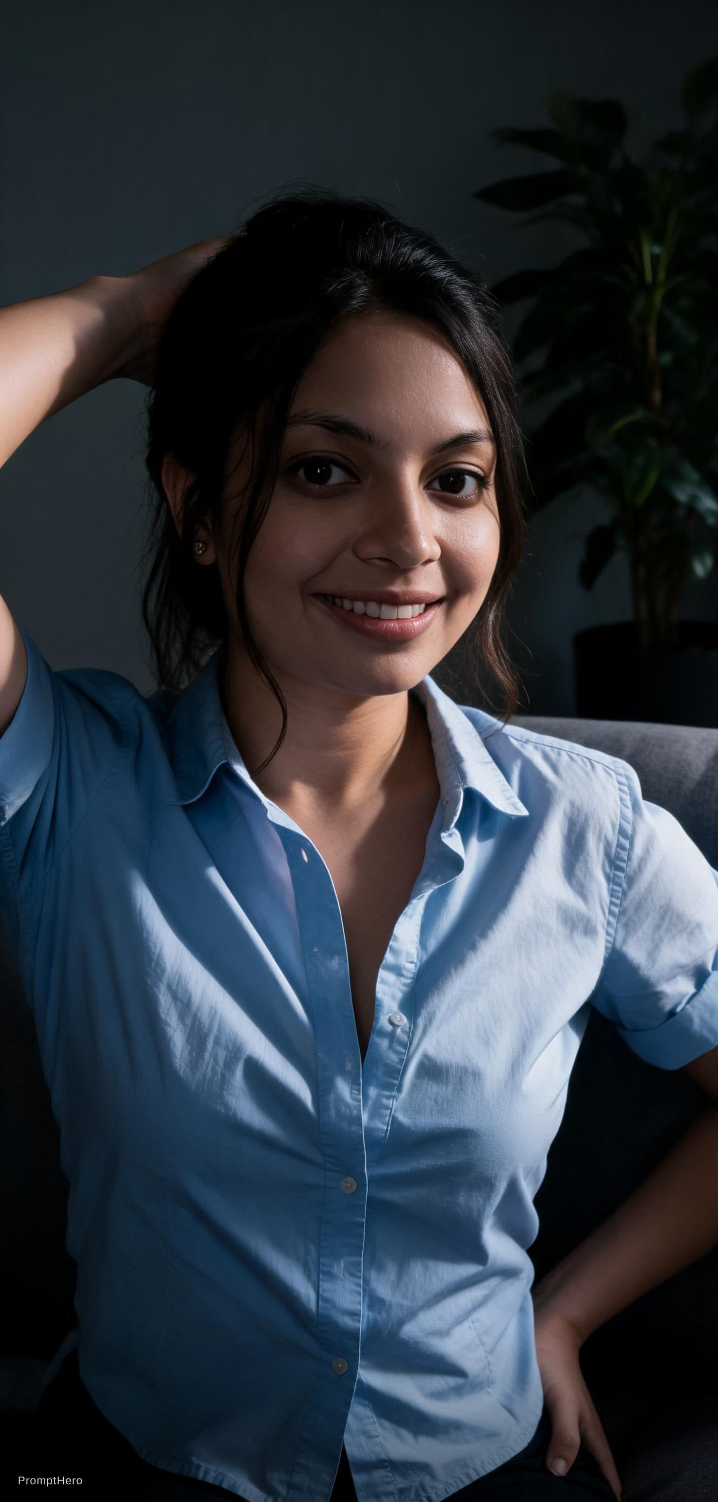 AI generated: cinematic image with dark shadows and high contrast, A fit 30yo woman with medium-length dark hair i...