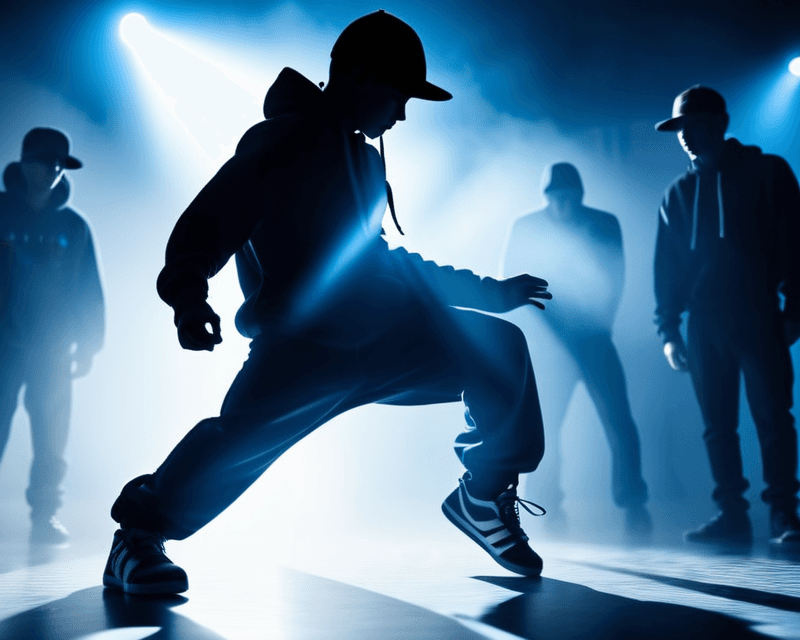 AI generated: Cinematic Hollywood Film style, cinematic still, silhouette of a hand, breakdance crew is on the bac...