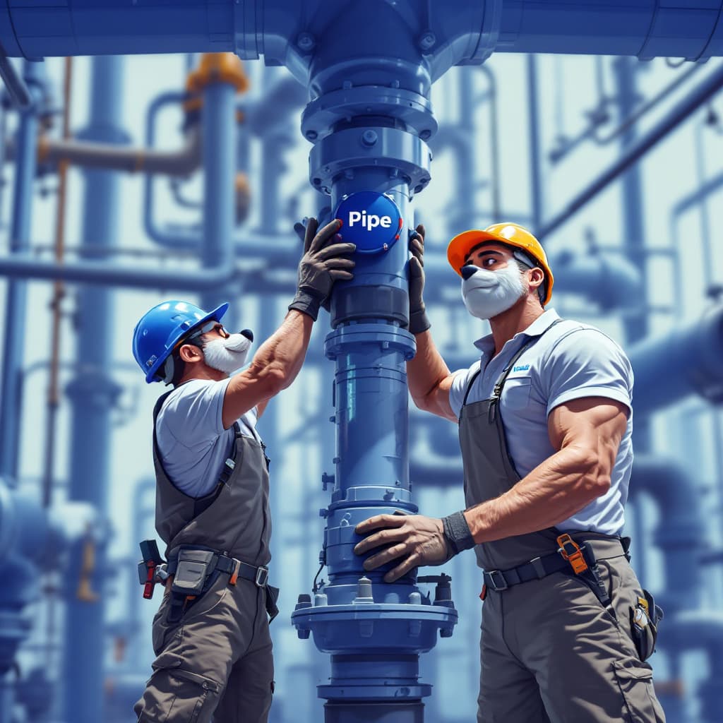 AI generated: Attractive and Fit 'Pipe valves' (Blue text logo with red pipe underline) workers wearing only a tig...