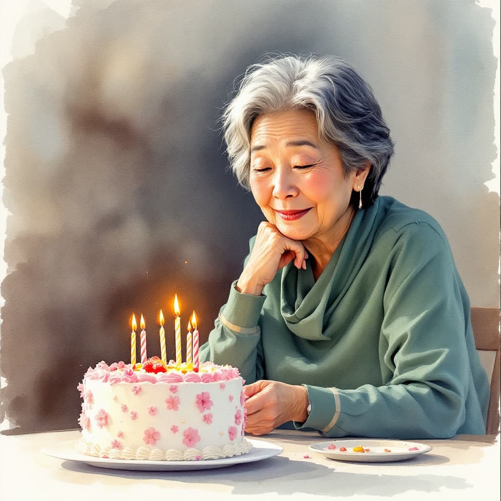 AI generated: Watercolor painting of a 60-year-old Asian woman sitting looking at a birthday cake on a table.
