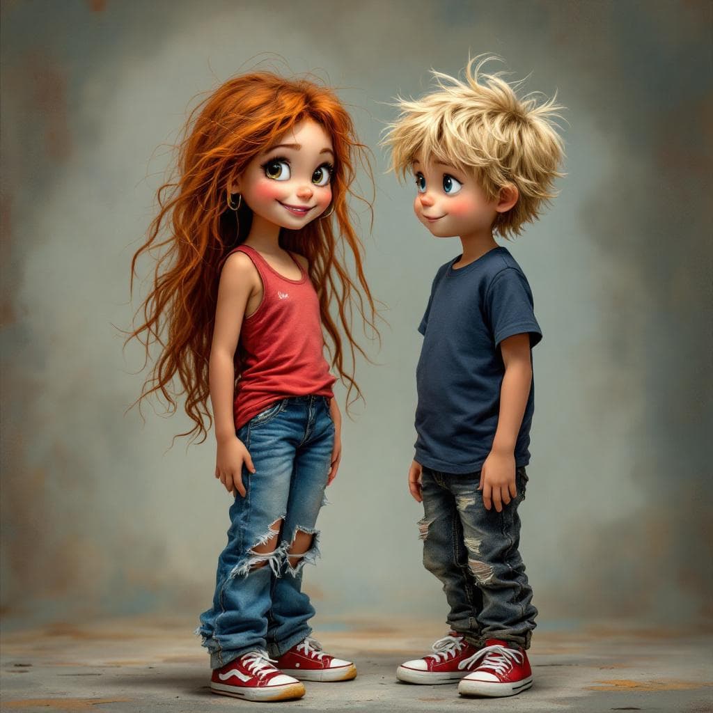 AI generated: whimsical cute little girl with long messy auburn hair, happy sassy grin on her face, glossy honey h...