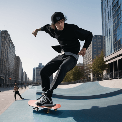AI generated: photography, dynamic range, in the city, ollie motion with professional man skateboarder