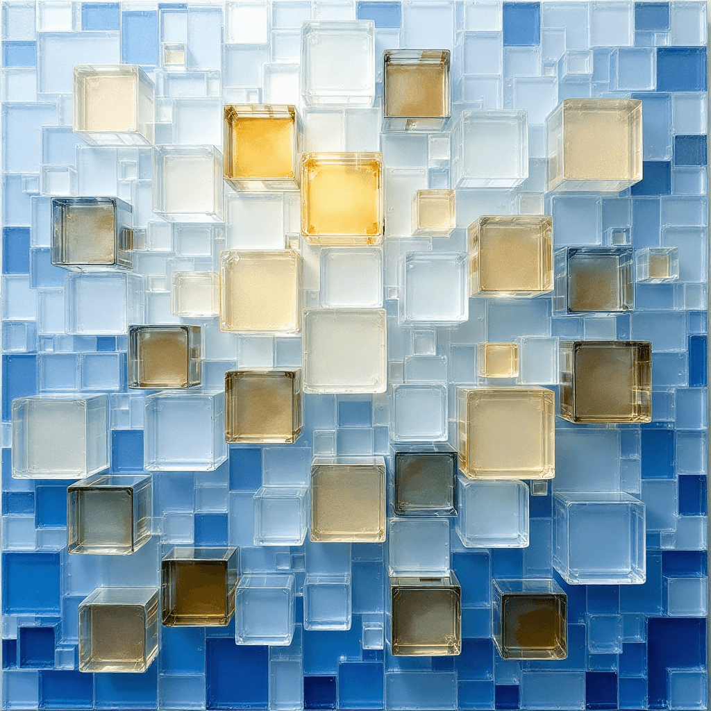 AI generated: A white and blue abstract wall sculpture made of glass cubes, each cube is of different sizes and sh...