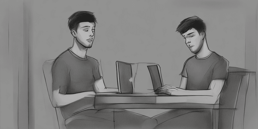 AI generated: young man, siting at computer, room, sketch style off image, focus distance 5 meters