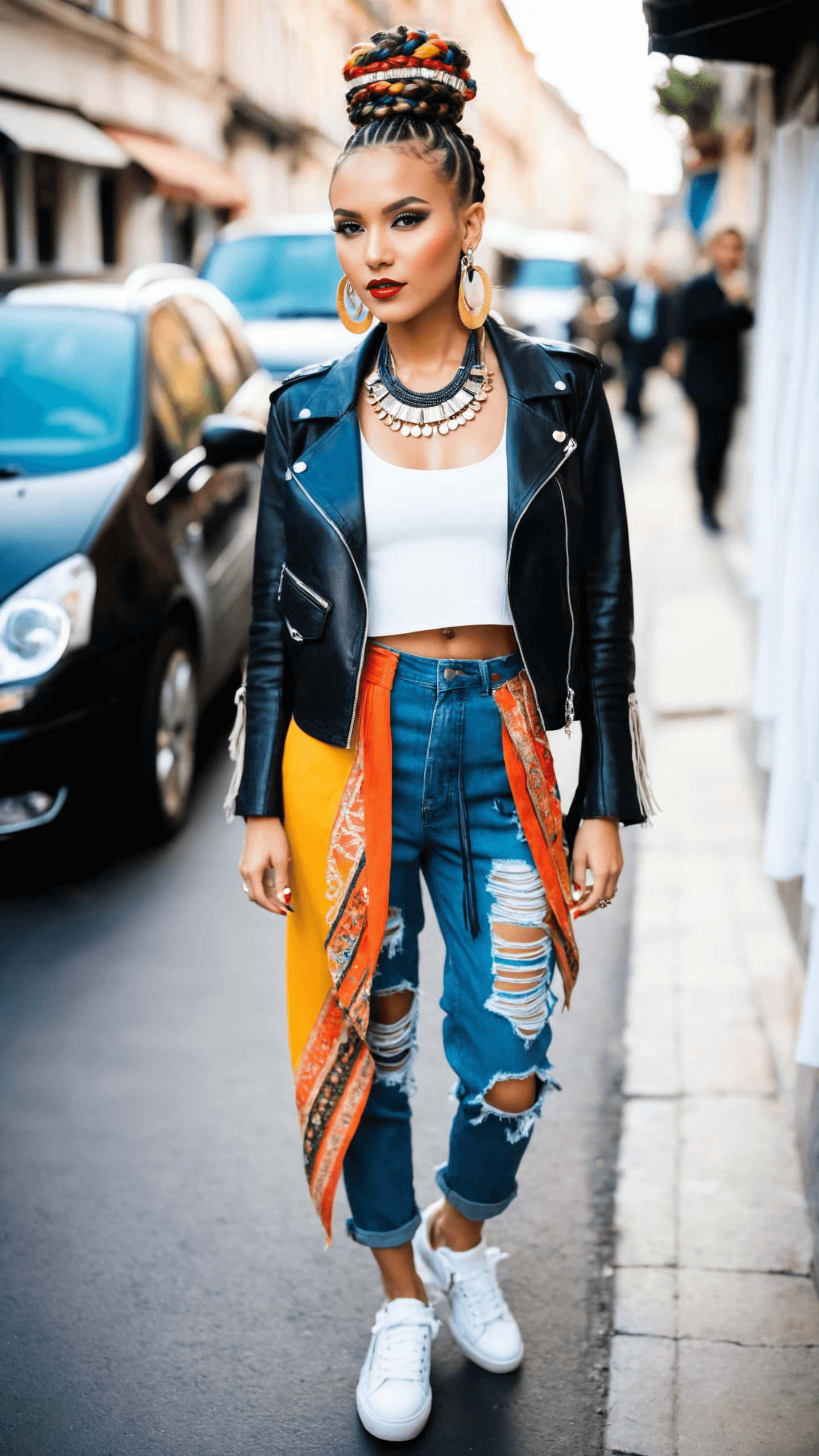 AI generated: a captivating young girl whose beauty lies in the fusion of eclectic styles, creating a visually str...