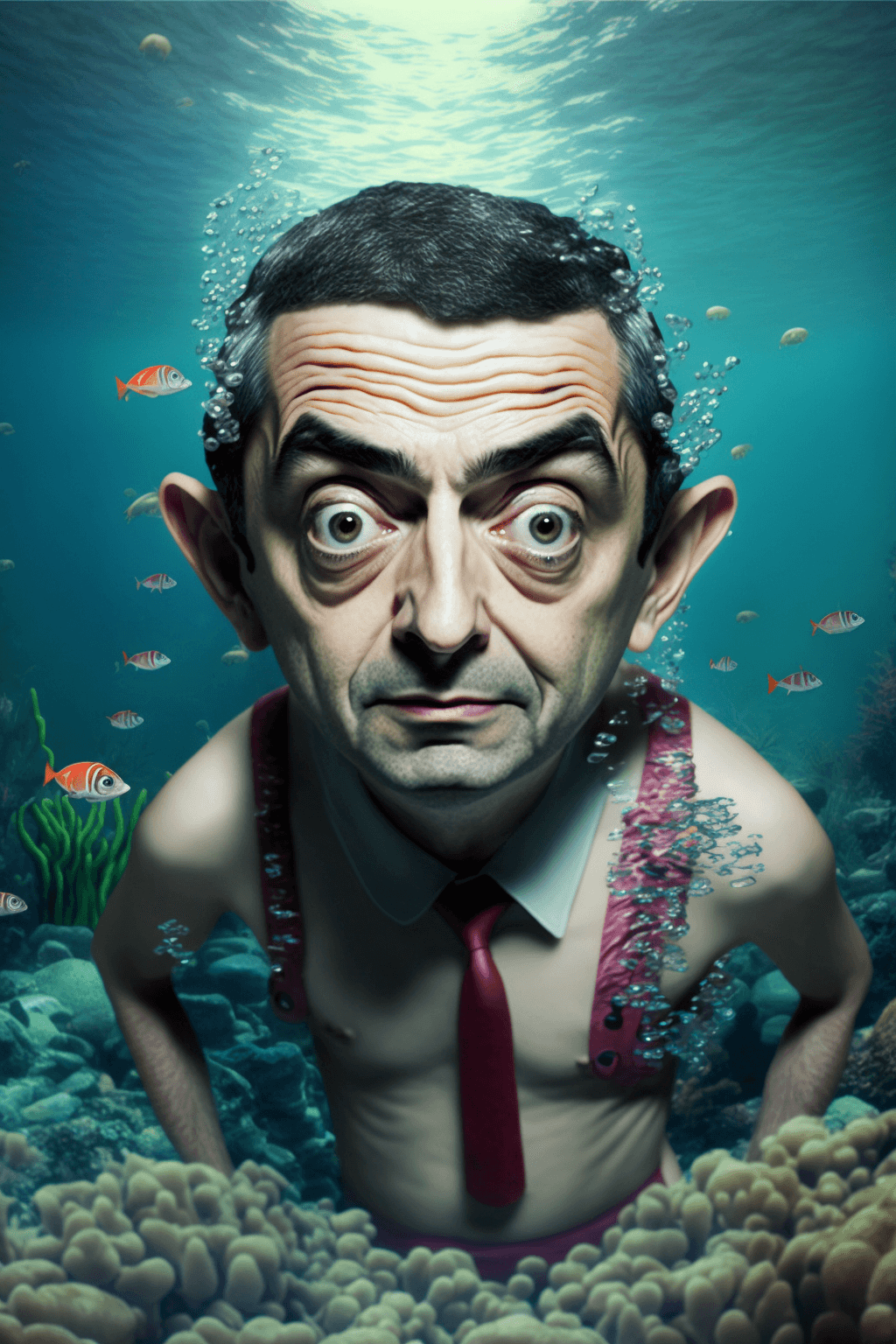 AI generated: tiny Mr.Bean with swimsuit, underwater background, fishes, coral patterns background, epic compositi...
