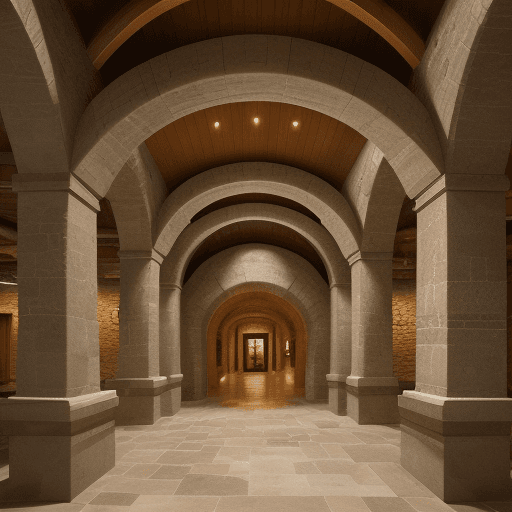 AI generated: rustic, subterranean museum, curvaceous, organic architecture interior limestone textured, and patin...