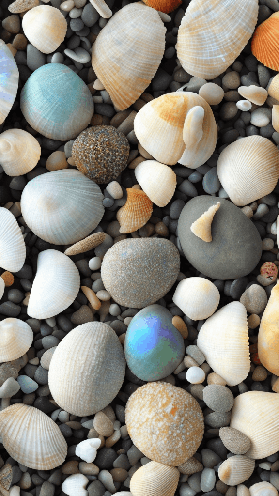 AI generated: sea sand and pebbles, open shell with a pearl