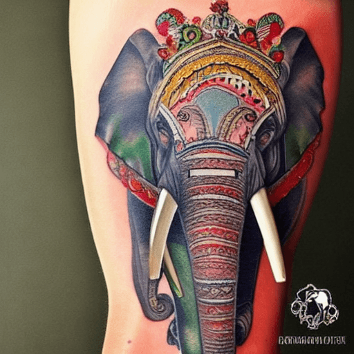 AI generated: TATTOO, COLOR, ON THE BACK, ELEPHANT, ARMOR, PERSIA, MONEY, LUCK,