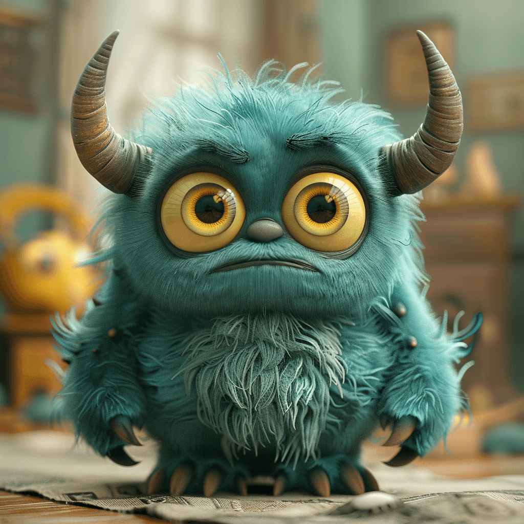 AI generated: A cute monster with horns, a very large belly, and large yellow eyes, with a full body. This concept...