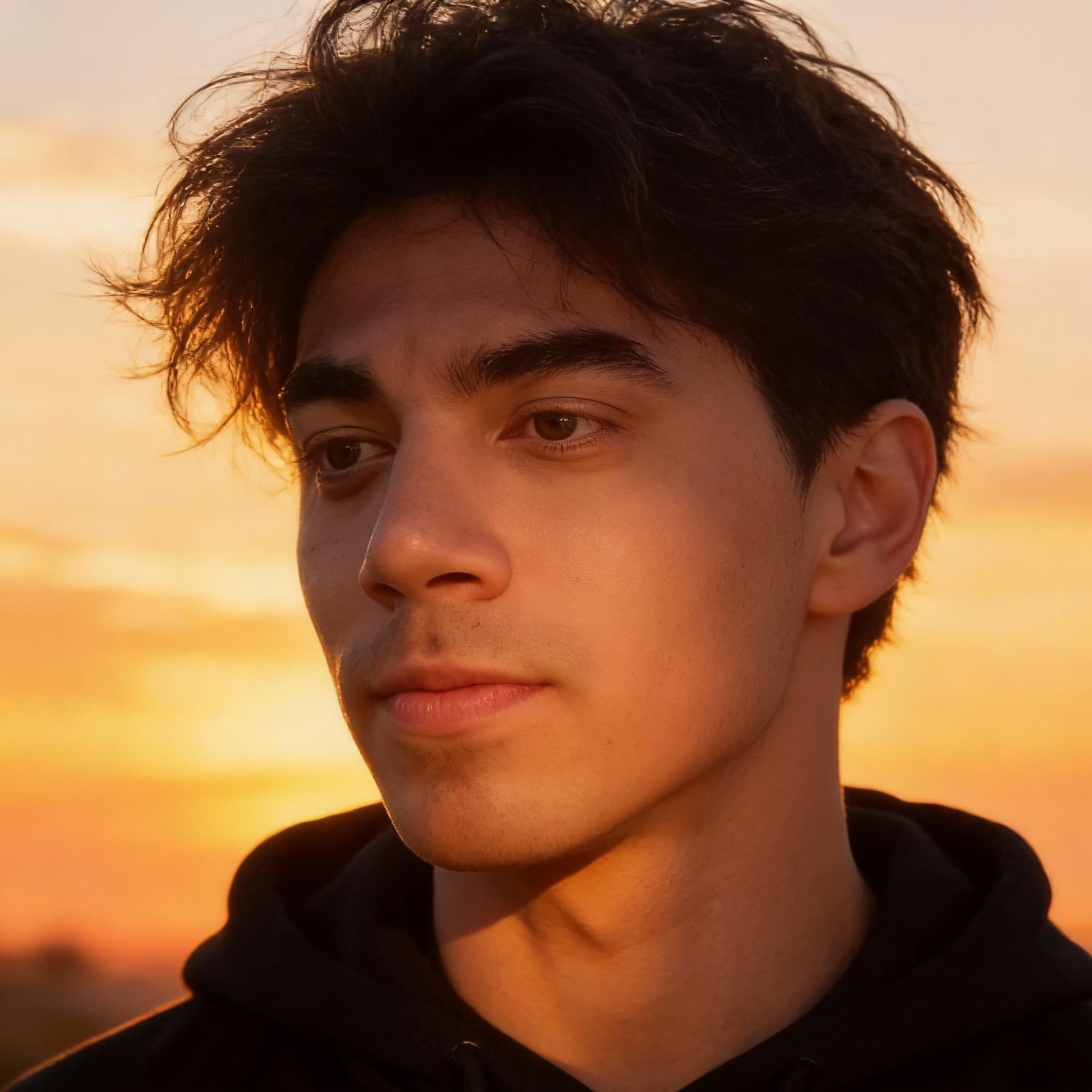 AI generated: A photo of an attractive young man with messy dark brown hair and fair skin standing outdoors at sun...