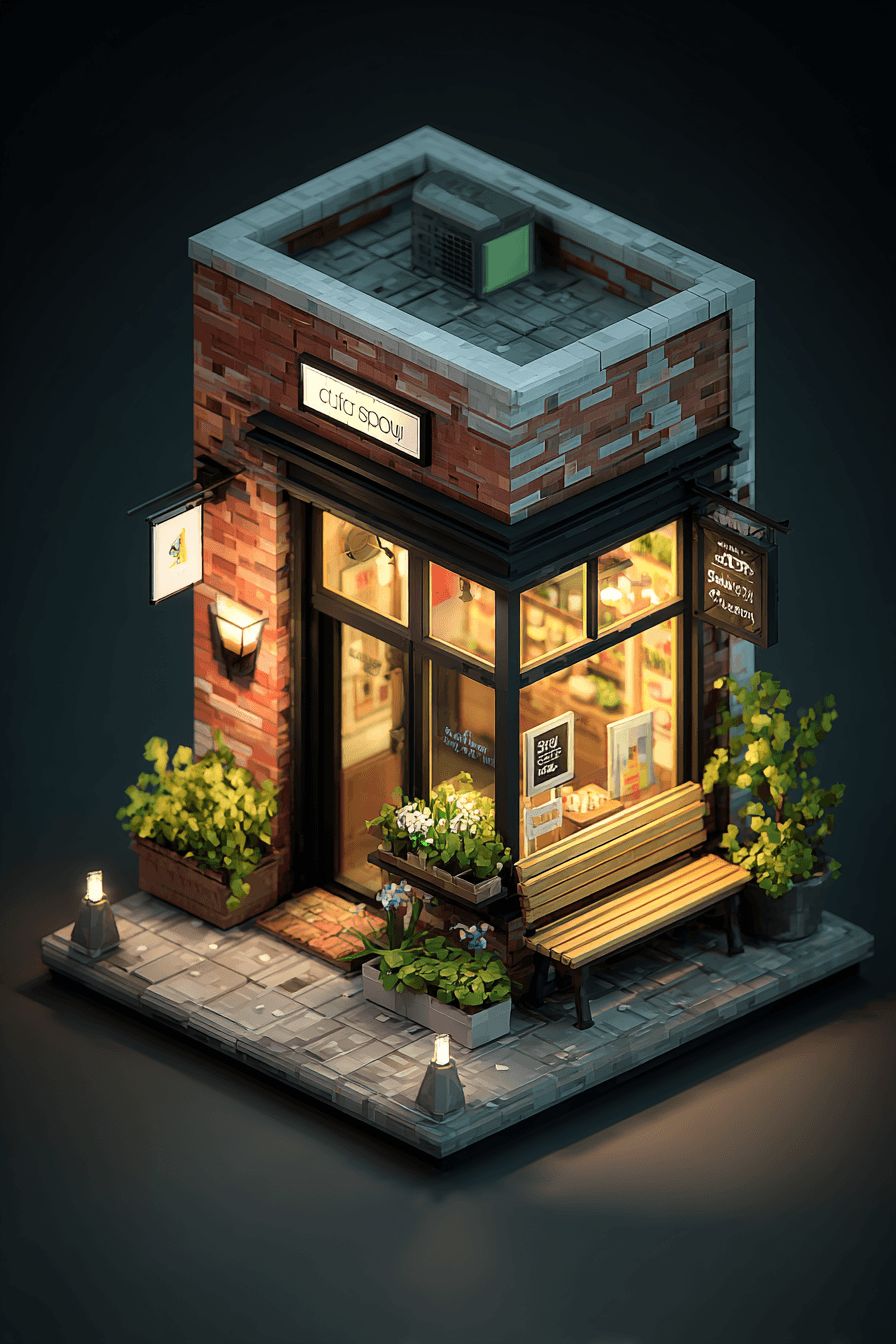 AI generated: isometric view, tiny art supply shop tucked in an alley, clean brick facade, window light glow, benc...