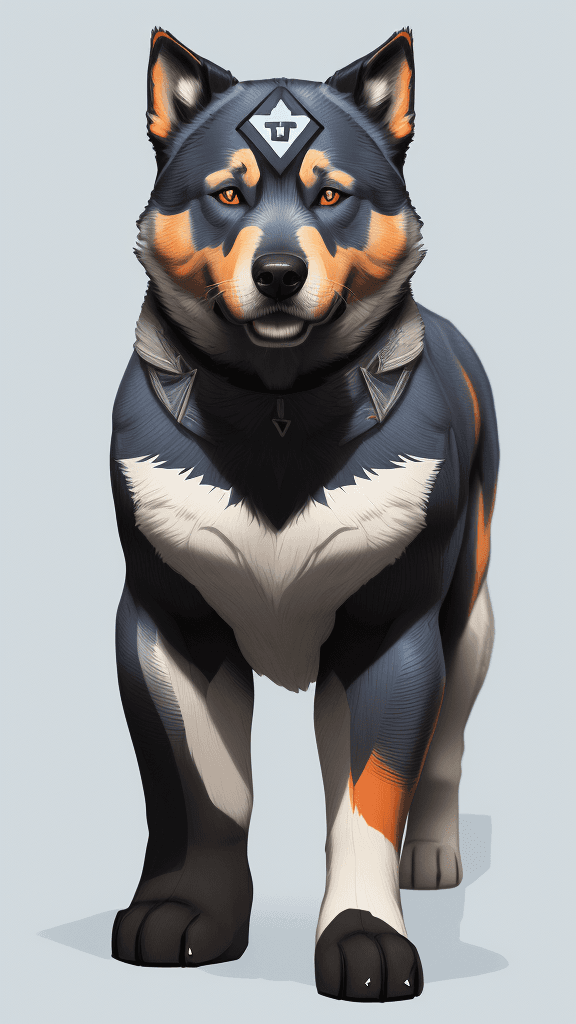 AI generated: Alpha Dog Norwegian Buhund, by Ultimate Marvel Art, digital blueprints sketch with multicolored note...