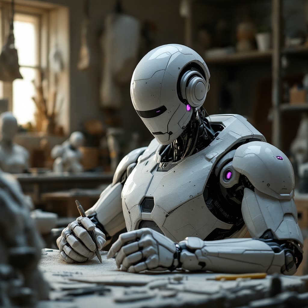 AI generated: A highly detailed cinematic shot capturing a technology sculptor from the knees up, chiseling a huma...