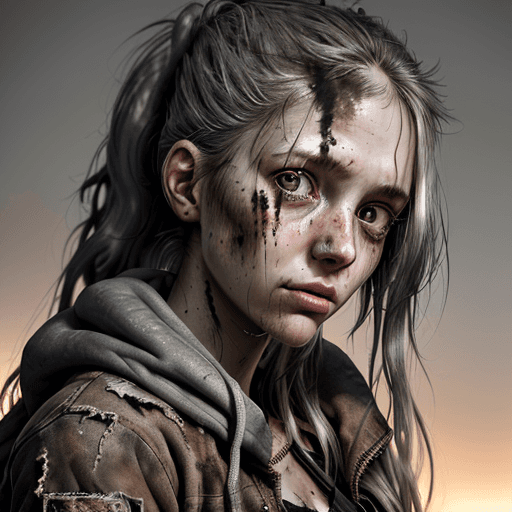 AI generated: A close-up portrait of a brutal, 28-year-old woman clad in worn-out wasteland clothes, her long hair...