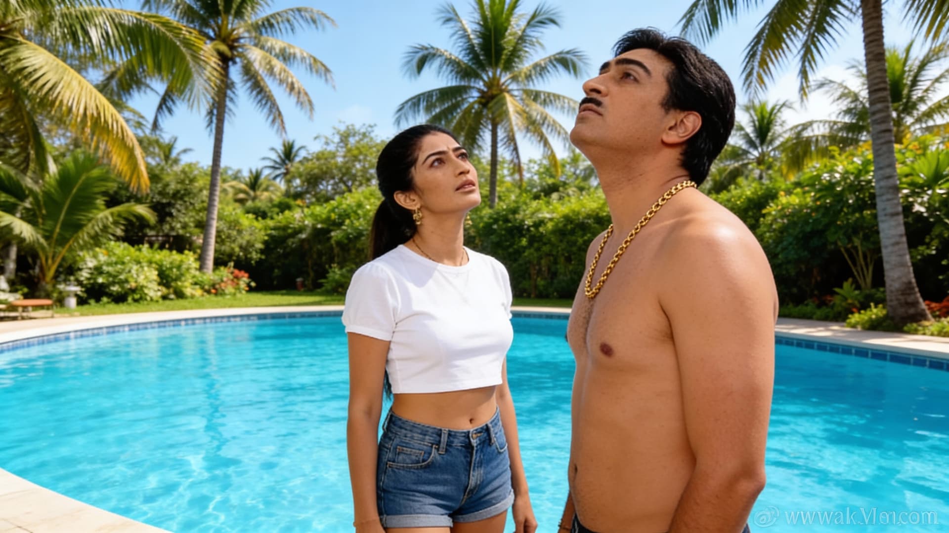 AI generated: The image shows two adults standing outdoors beside a swimming pool in a sunny, tropical setting wit...