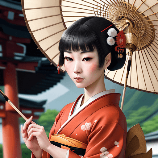 AI generated: A Japanese Woman in a typical Geisha Dress is playing the Kotsuzumi   instrument. Your posture and f...