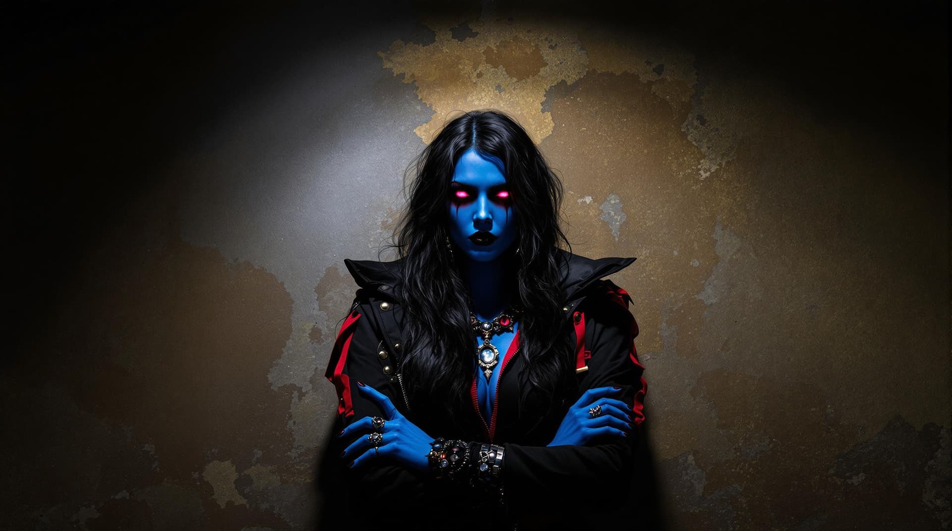 AI generated: a fantasy woman with a dark and mysterious appearance, standing in front of a worn and weathered wal...