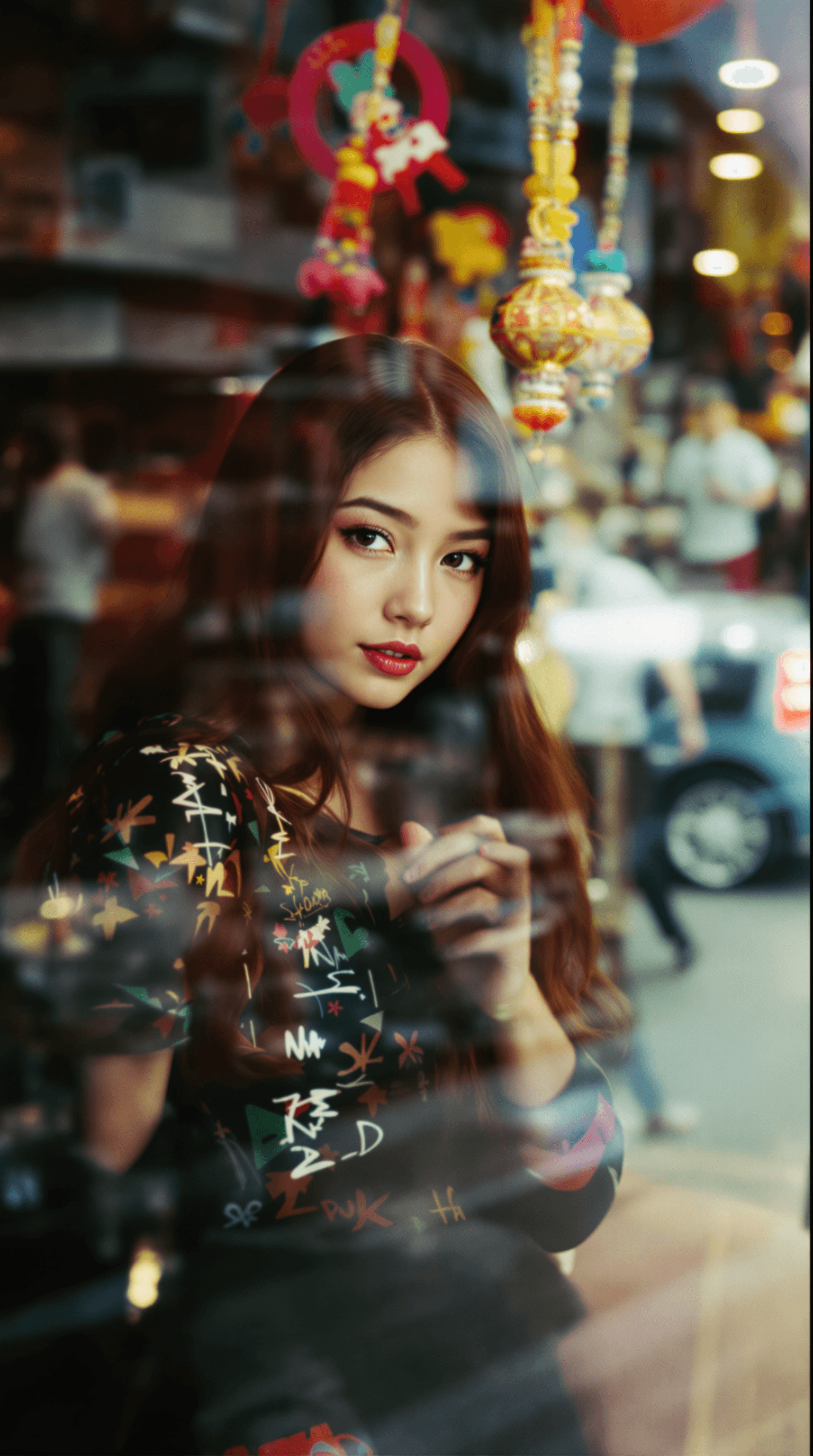 AI generated: A young lady posing for the camera, a blurry effect, as if photographed from a shop window. Few colo...