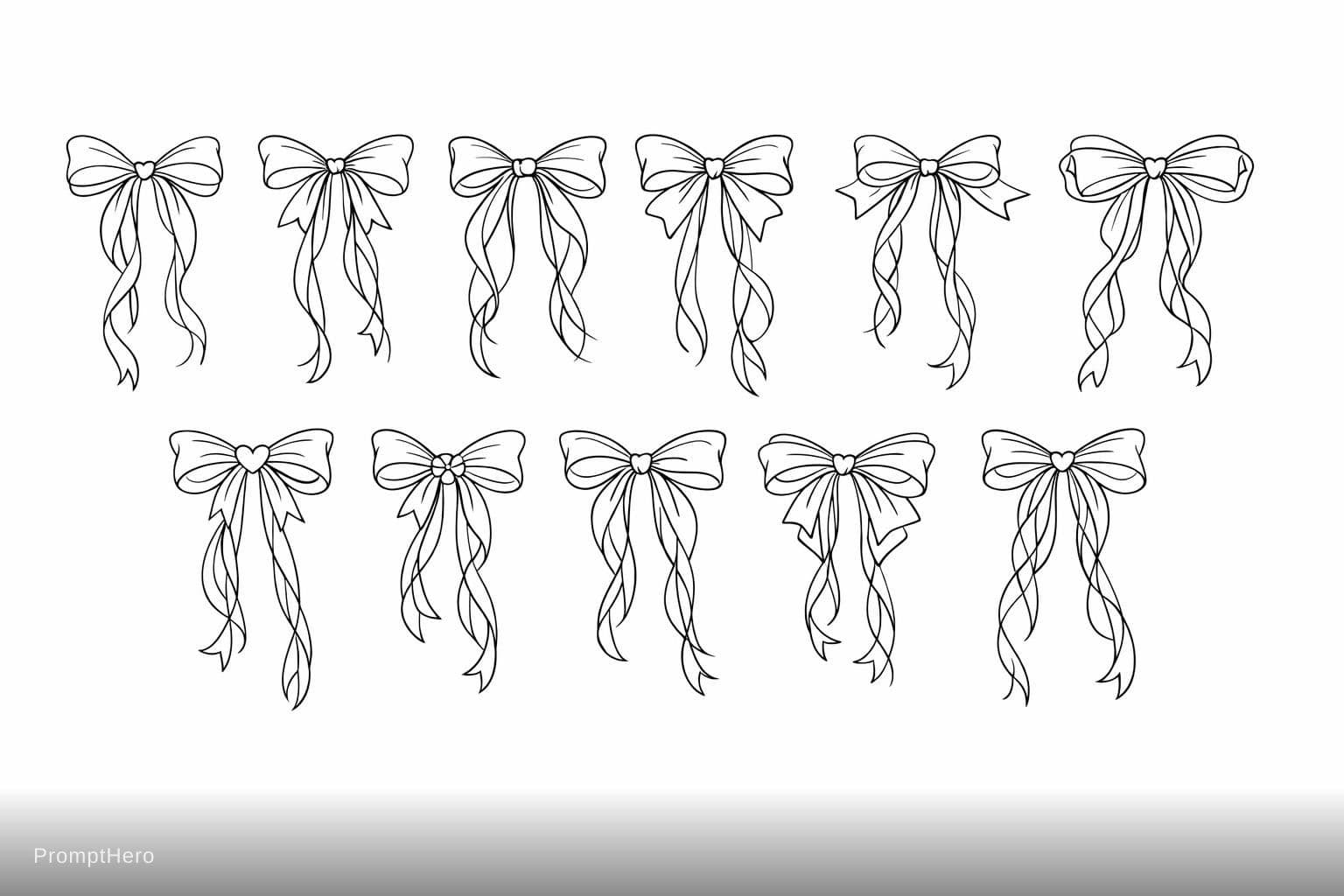 AI generated: collection of 10 coquette style ribbon bows, elegant long ribbon bows with very long flowing ribbon ...