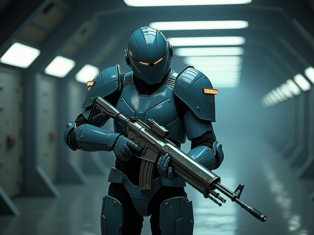 AI generated: A futuristic robotic knight wearing heavy titanium armor, equipped with a plasma rifle. They are exp...