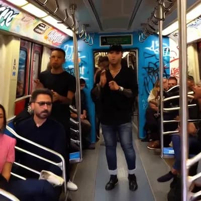AI generated video: Subway train stage, “Metro Lírico” (Spain) vs “Beat Rider” (Australia). Cameras rotate between cars ...
