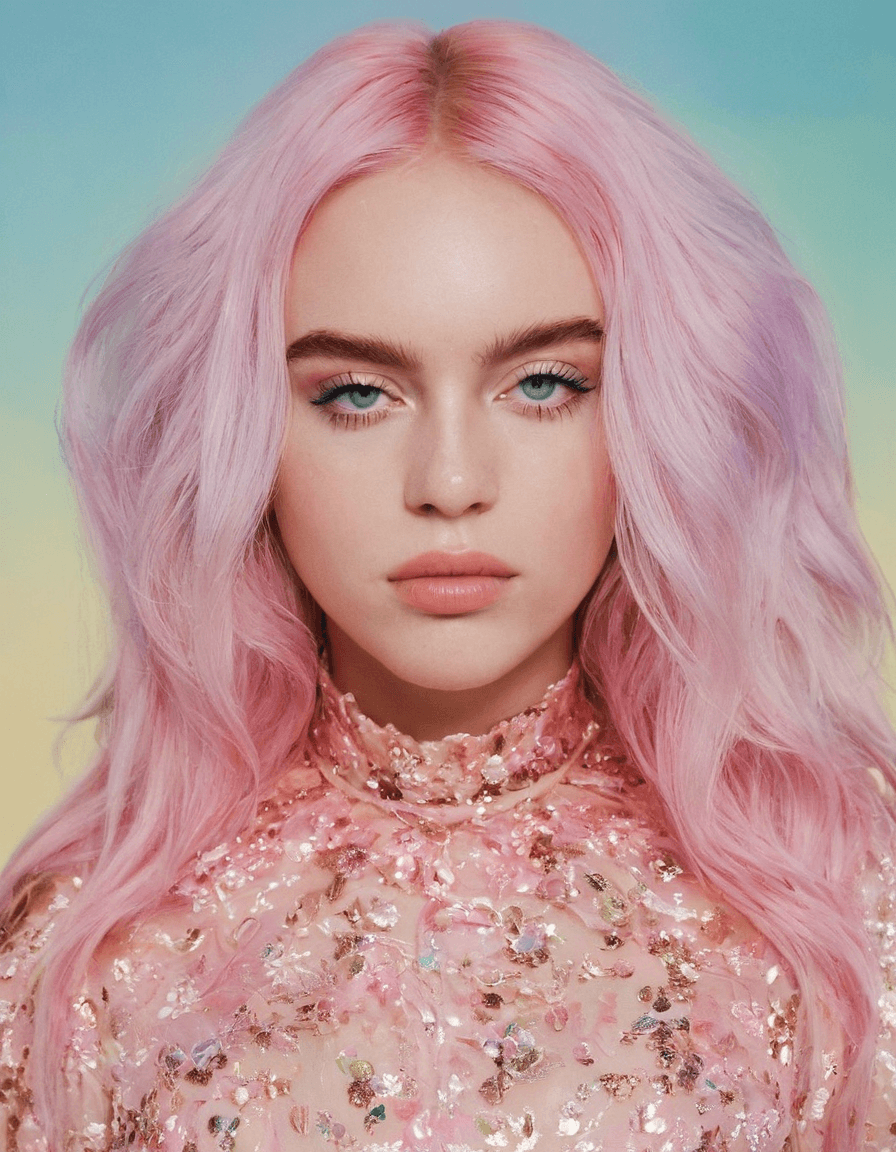 AI generated: A close-up of the face of a person, channeling the essence of Billie Eilish, featuring a somber and ...