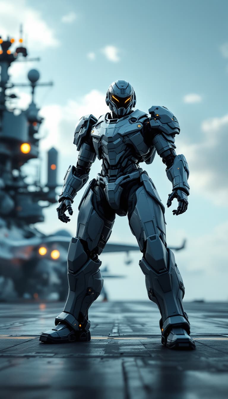 AI generated: HD 4K 3D render of a hyper-realistic male mech pilot, wearing an intricate knight helmet, standing c...