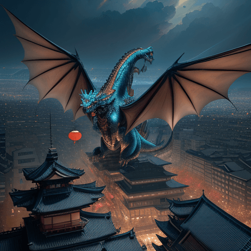 AI generated: Kyoto Animation stylized anime mixed with tradition Chinese artworks~ A dragon flying at modern cybe...