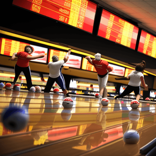 AI generated: photo of an active bowling tournament with the header Missouri Bowling Tournaments