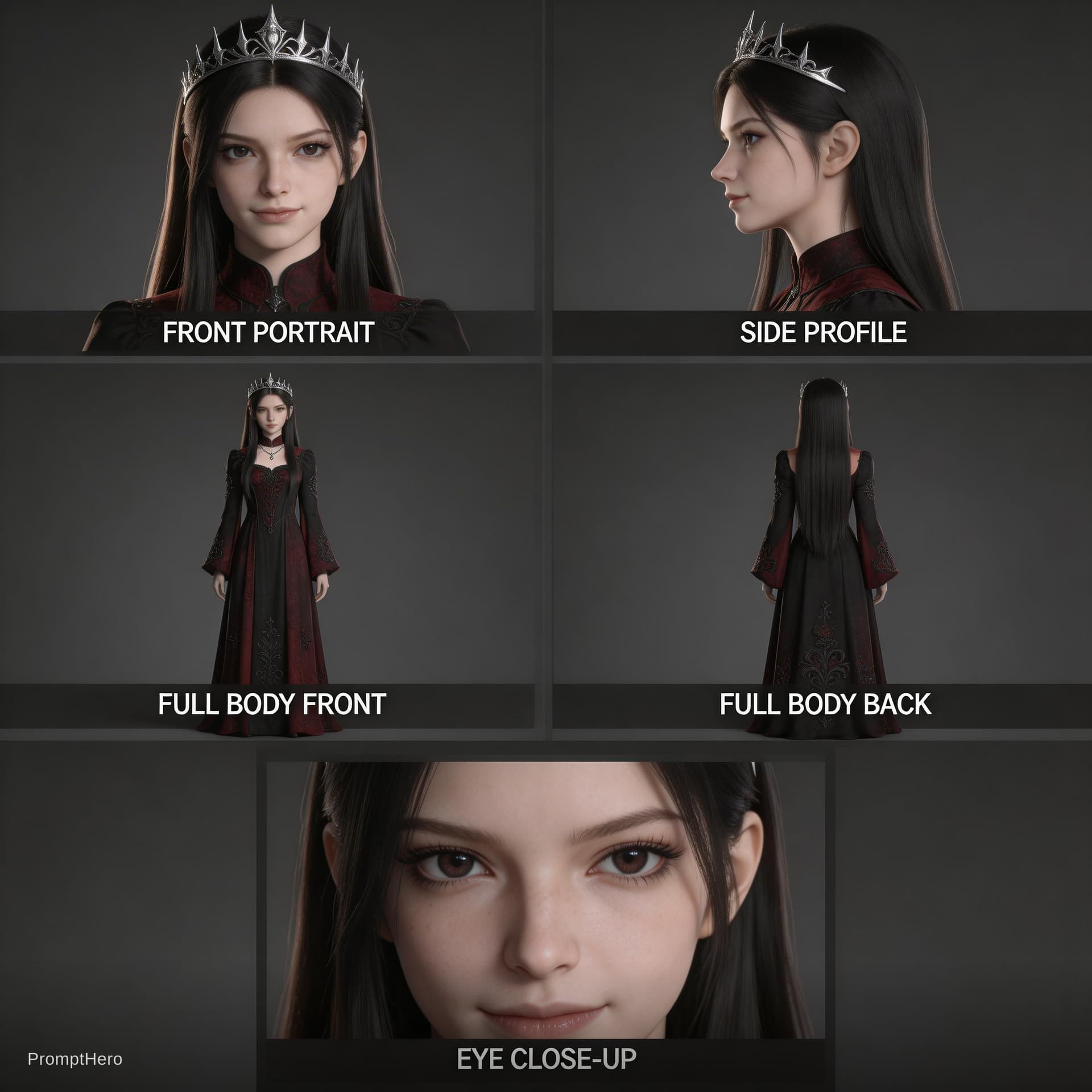 AI generated: dark fantasy character sheet of a young evil princess, around 17 years old, thin and elegant body, p...