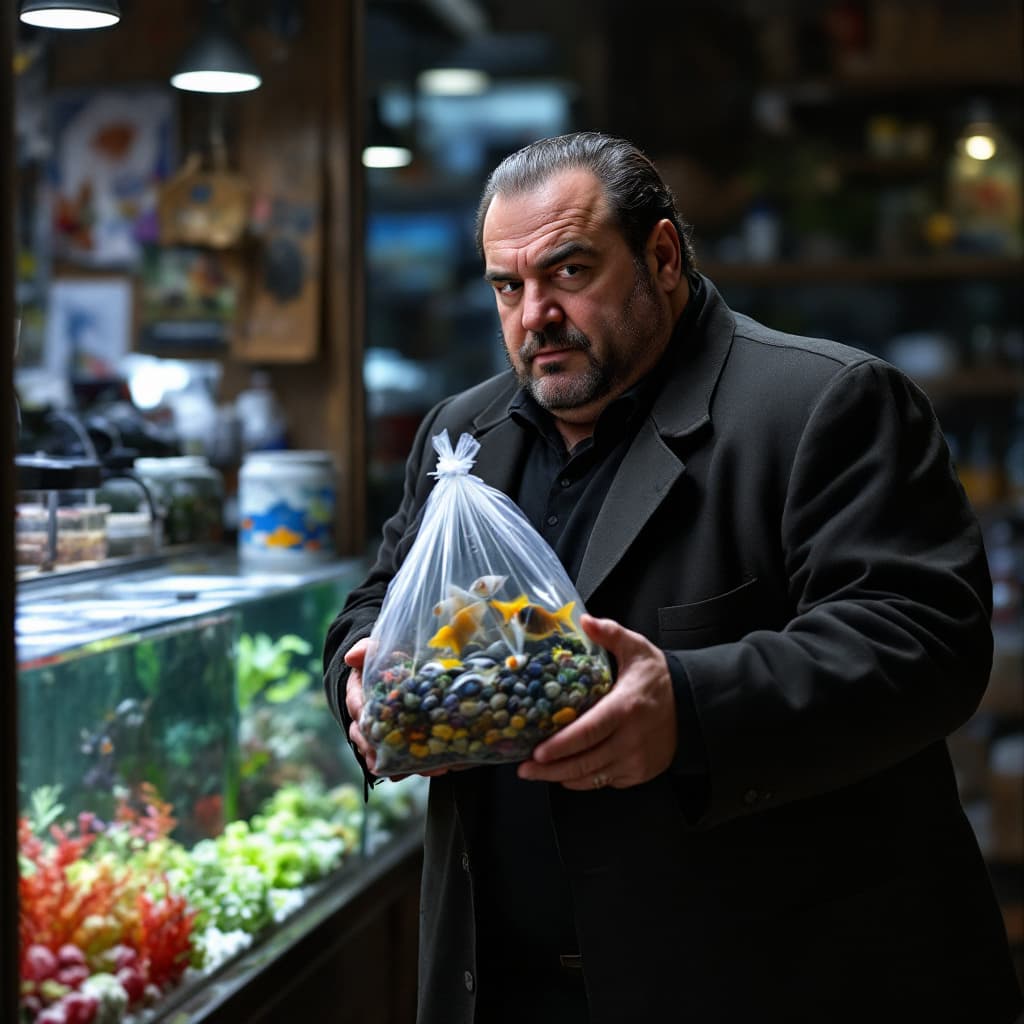AI generated: 
create a picture where Tony Soprano from the TV series Tony Soprano in an aquarium store gives an a...