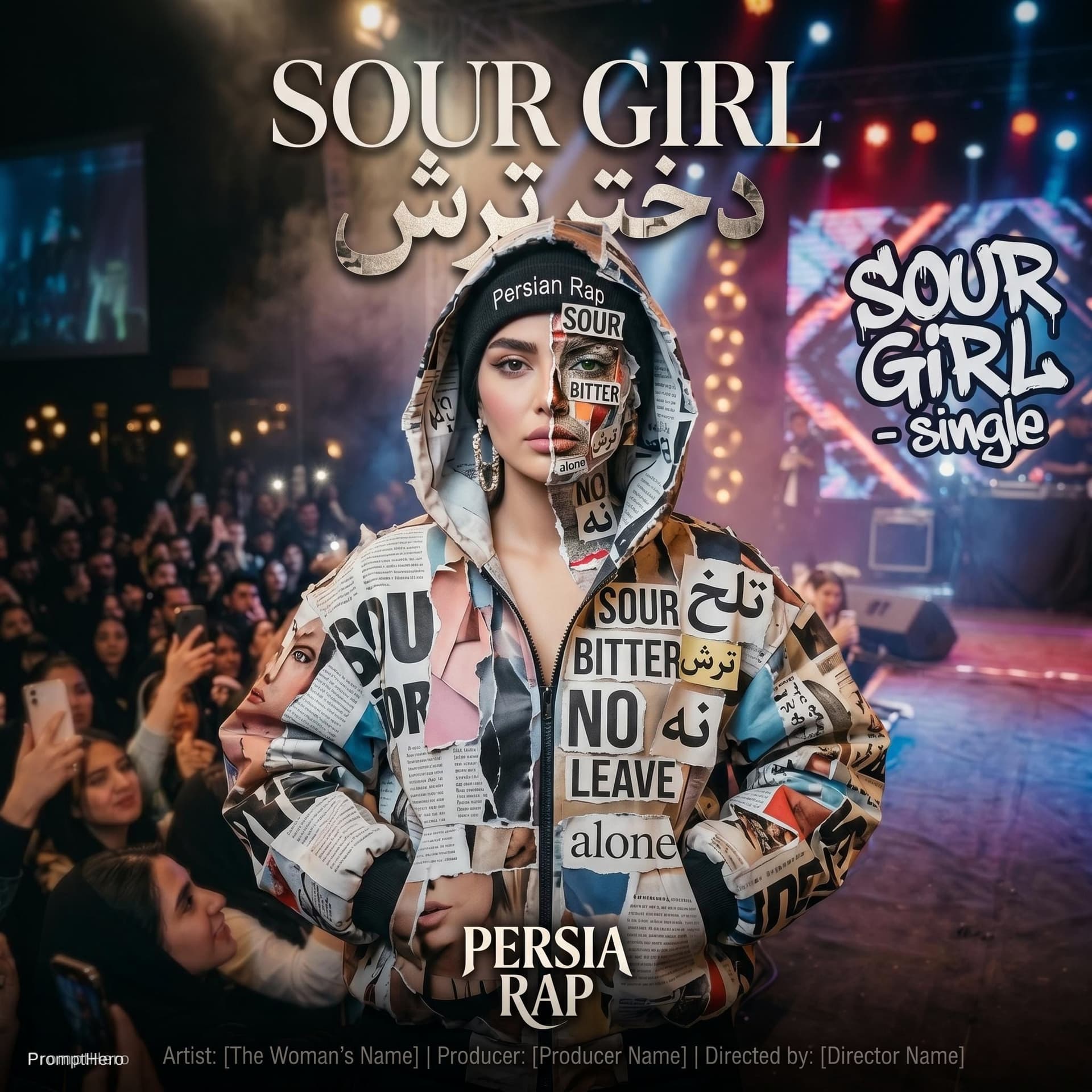 AI generated: Digital collage for a rap single "Sour Girl". A girl's portrait with half of her face made of torn m...