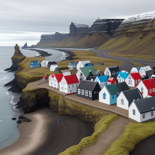 AI generated: icelandic village of vik with ocean and several gnomes walking about
