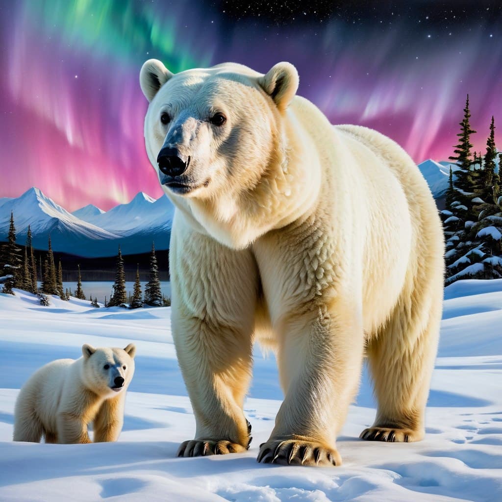 AI generated: polar bear, alaska, aurora borealis, night, stars, oil painting, (Masterpiece:1.3), (best quality:1....