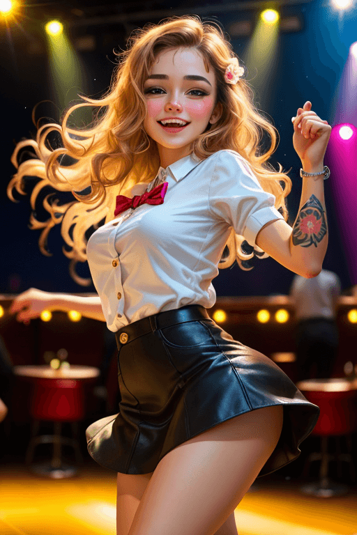 AI generated: close up of a happy 18yo girl (dancing:1.1) in the middle of dance floor in a club, tattoo, short sk...