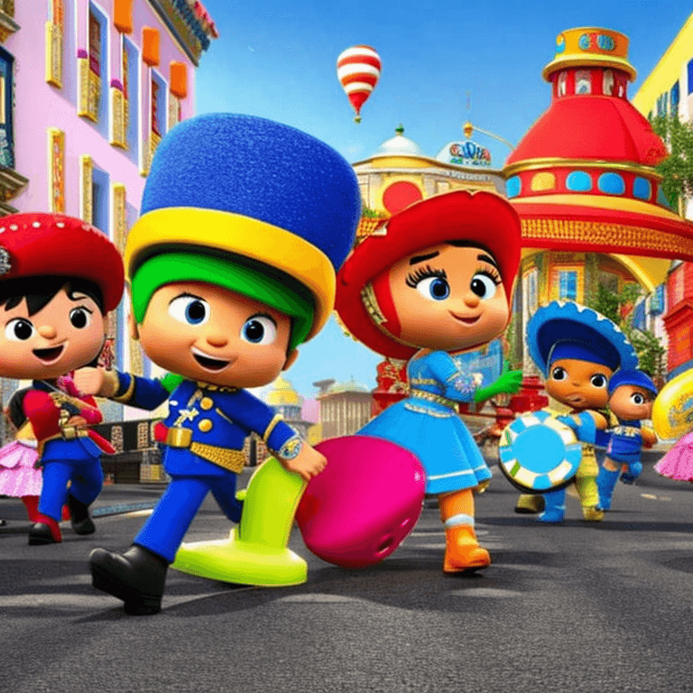 AI generated: the cast of Team Umizoomi fight Nazis in the street, the road is littered with debris and fallen foe...