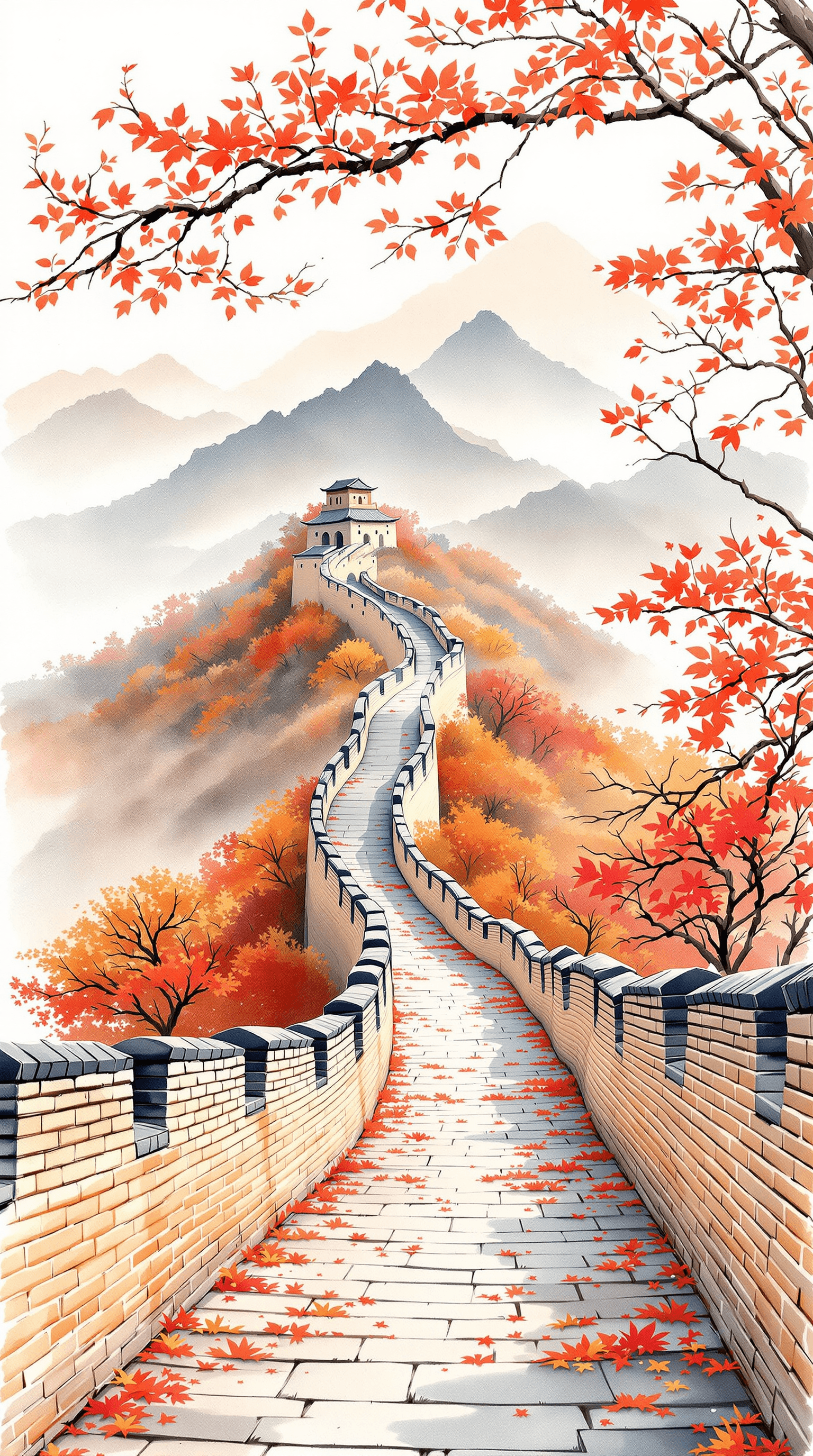 AI generated: watercolor painting of the Great Wall in autumn, in the style of a Chinese ink painting, with an ora...