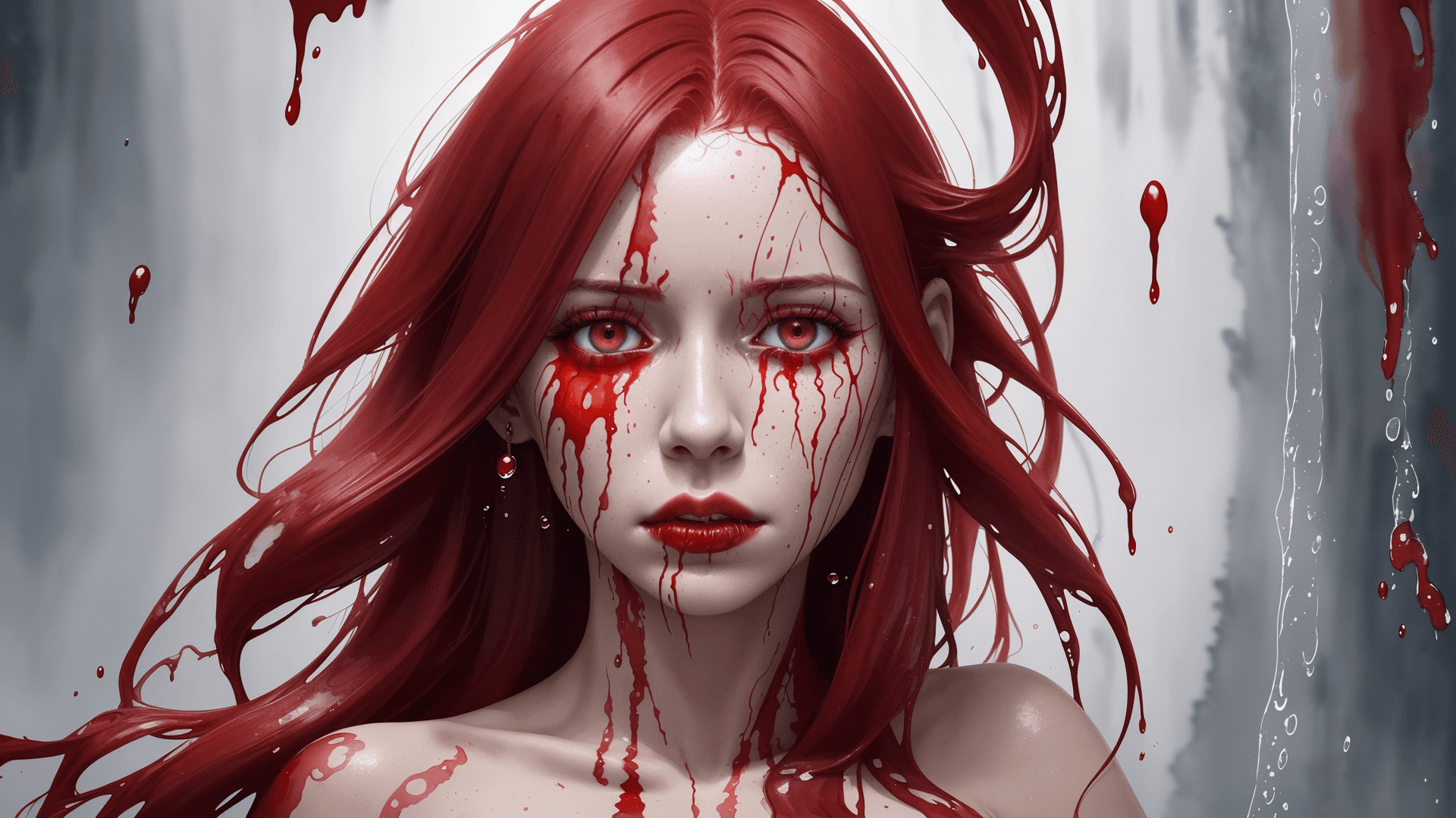 AI generated: A half body portrait of a woman made of blood, half body is submerged in blood, red hair depicting a...