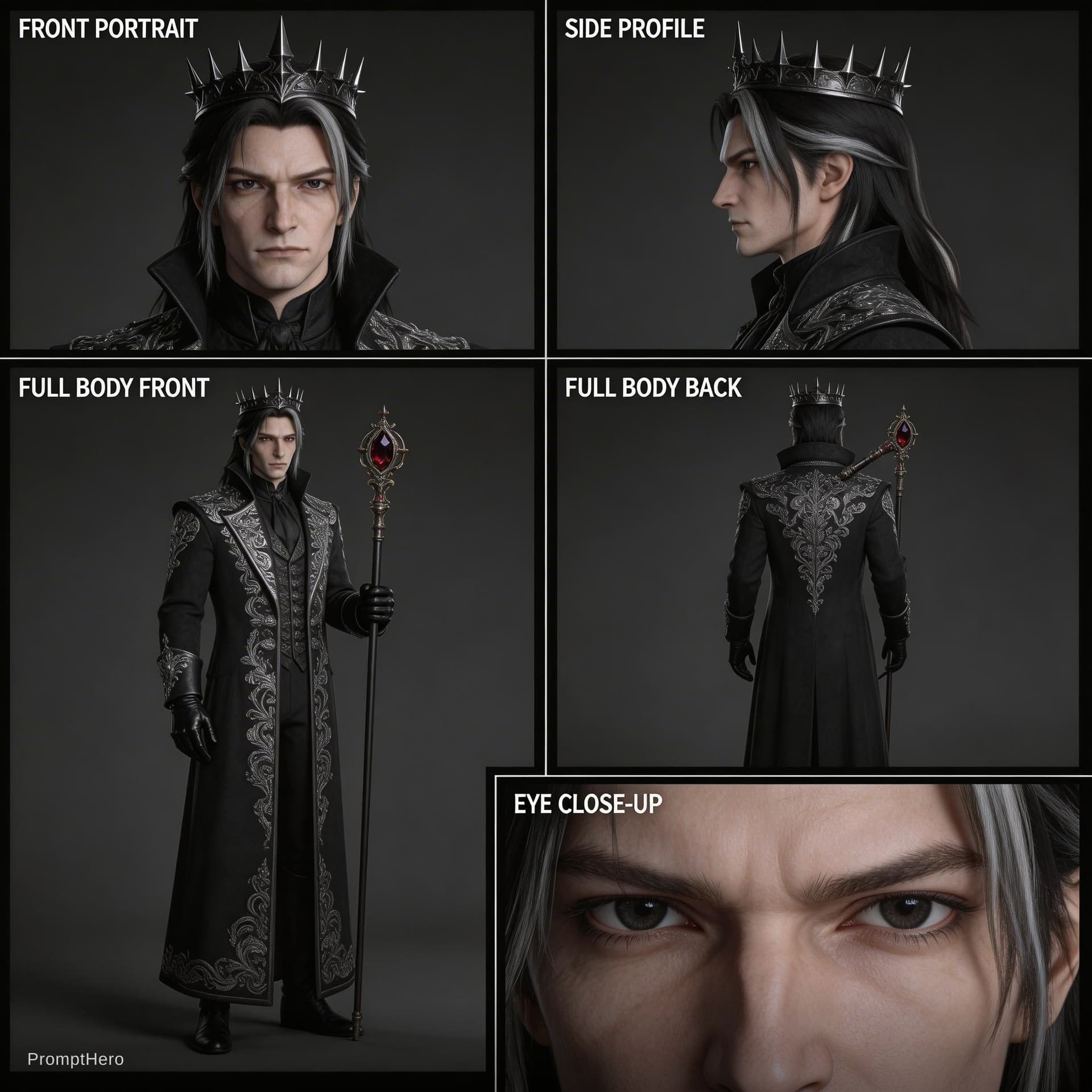 AI generated: character sheet of a dark gothic evil king, Victorian dark fantasy aesthetic inspired by Sweeney Tod...