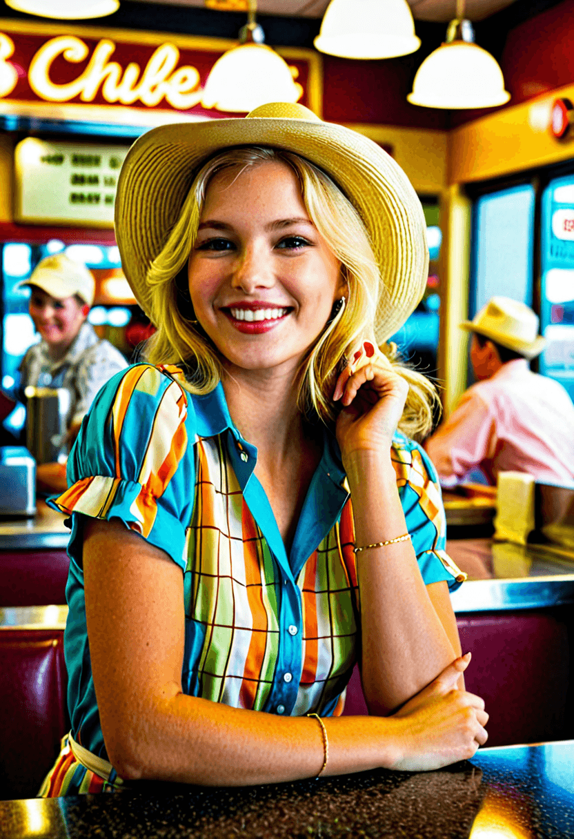 AI generated: iphone photo photograph of a woman sitting at a diner counter waiting for her order, wearing a blous...