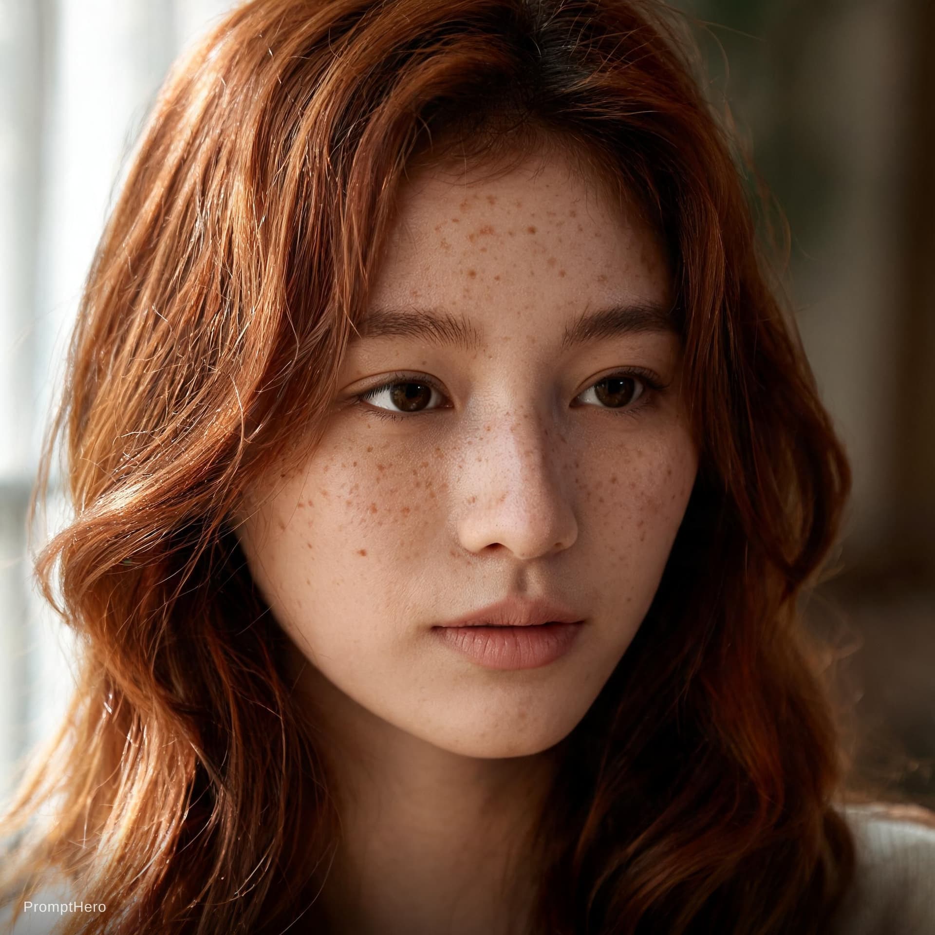 AI generated: close-up portrait of a 28-year-old woman with auburn hair and freckles, soft natural window light, s...