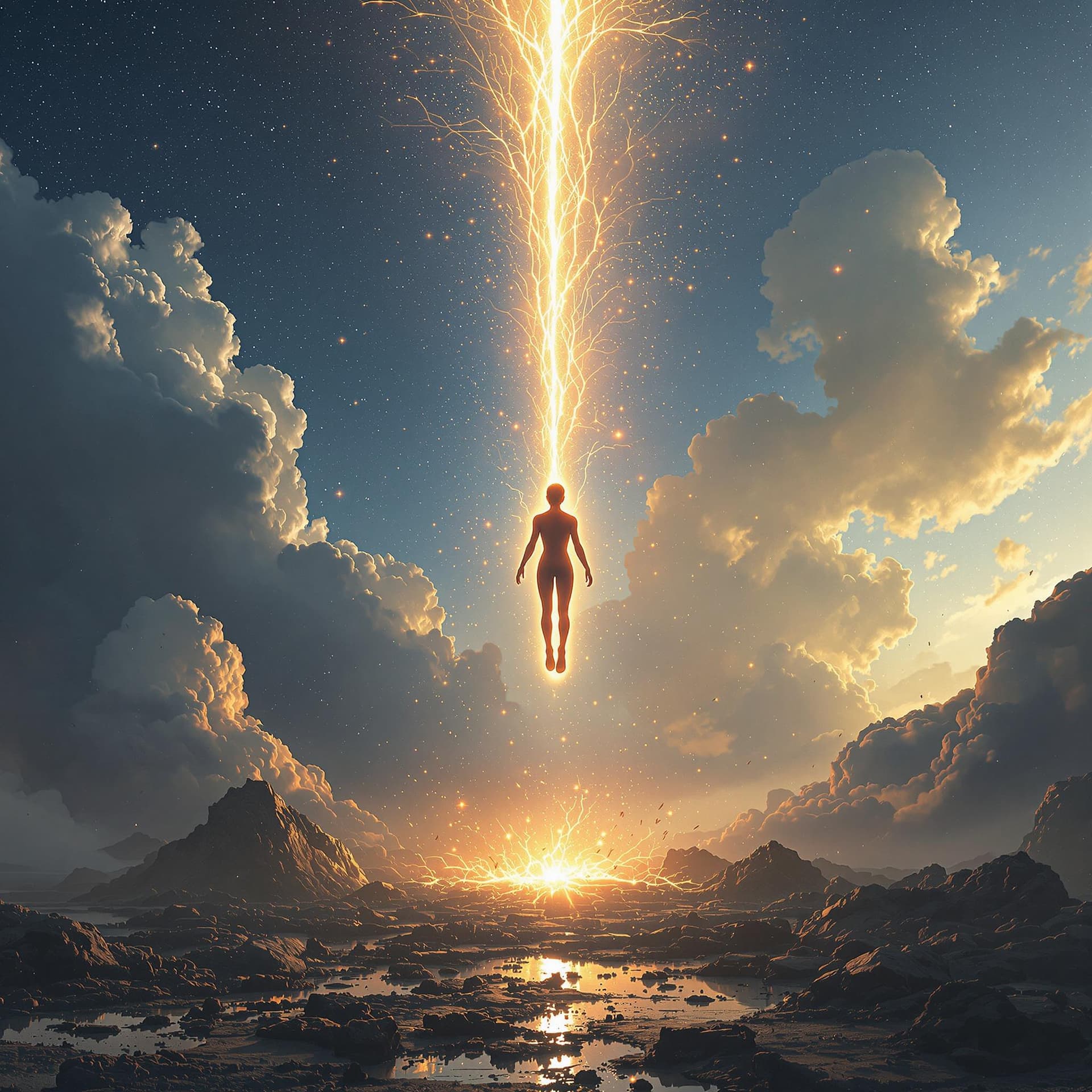 AI generated: a floating person is perforated vertically by an energy beam from the sky, the re-emergence from the...