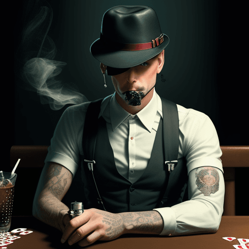 AI generated: In the style of Richard Blunt Man sitting at a table playing cards , cigar in ashtray , wearing a te...