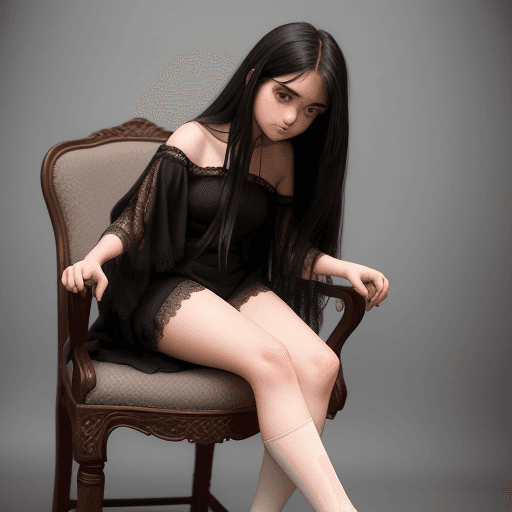AI generated: 18-year-old, a girl, blush, black shawl long hair, side, black halter lace group, calves exposed, wh...